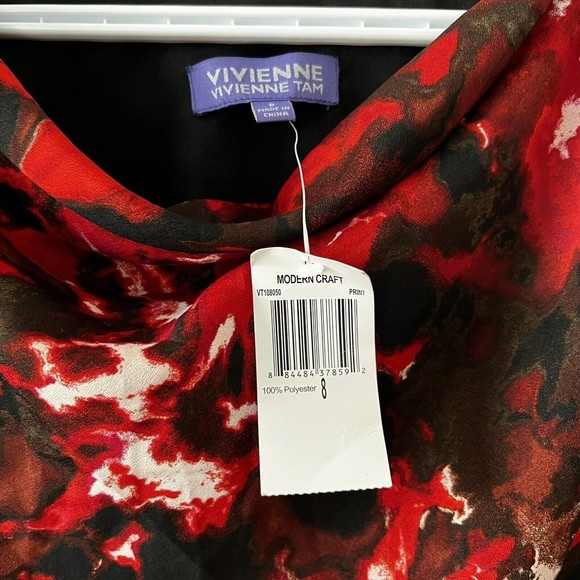 Vivienne Tam NWT Size 8 Red Black Draped Cowl Neck Long Sleeve Top Abstract Art - Picture 8 of 11